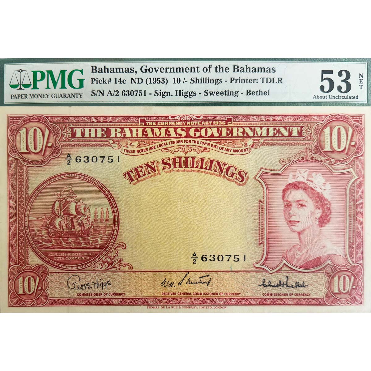 БАГАМСКИЕ ОСТРОВА 10 ШИЛЛИНГА (PMG - GRADE 53) мини 1