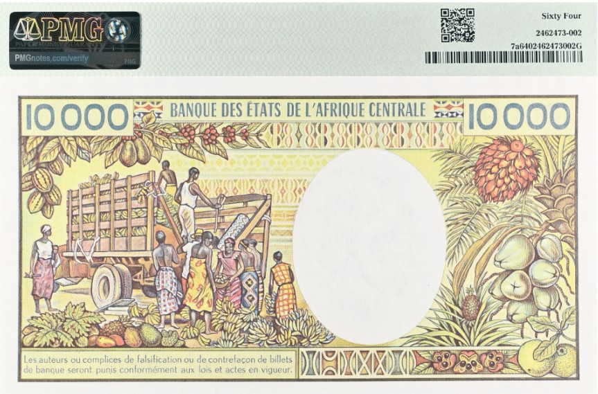 ГАБОН 10000 ФРАНКОВ (PMG - GRADE 64) мини 2