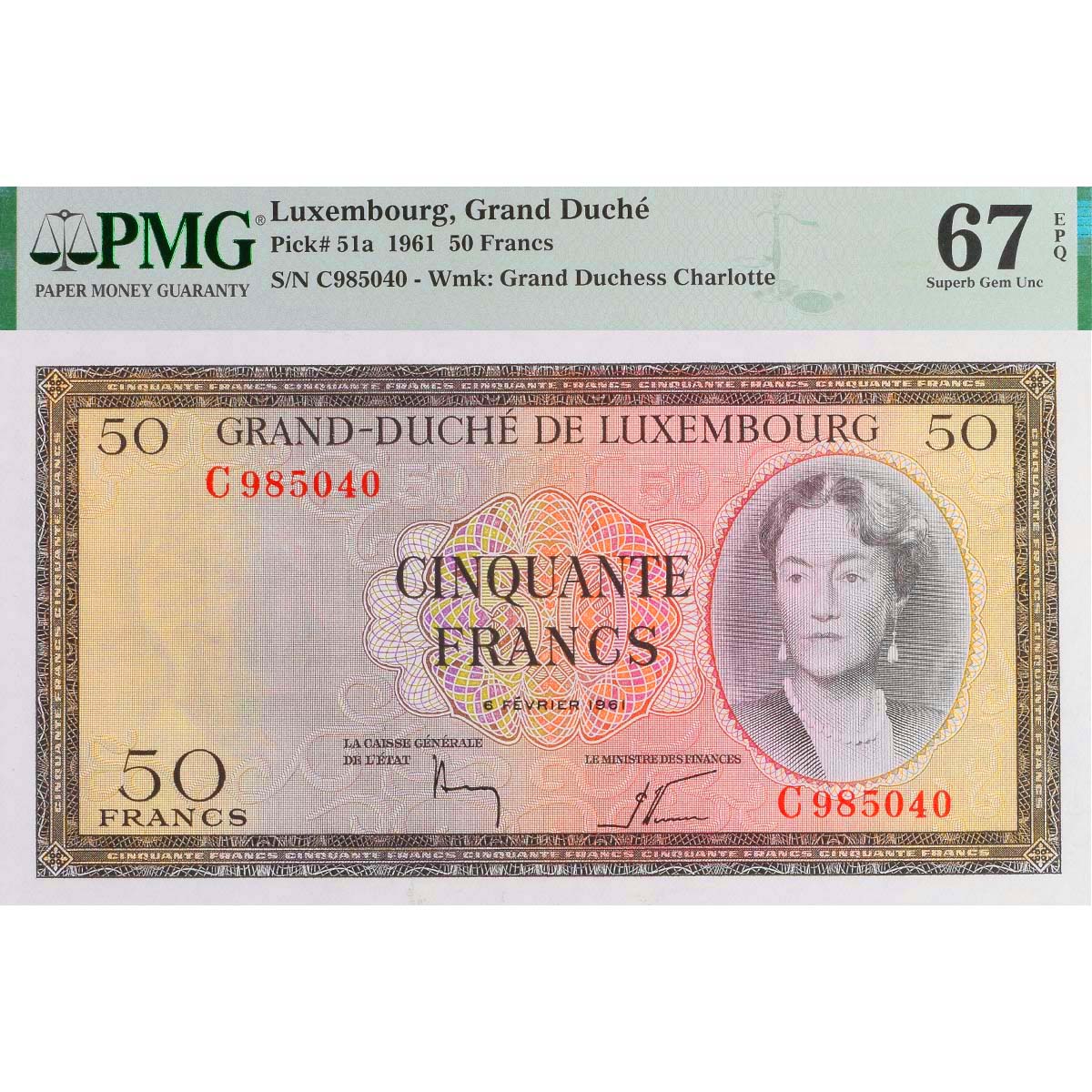 ЛЮКСЕМБУРГ 50 ФРАНКОВ (PMG - GRADE 67)