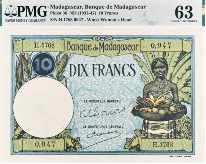 МАДАГАСКАР 10 ФРАНКОВ (PMG -GRADE 63)