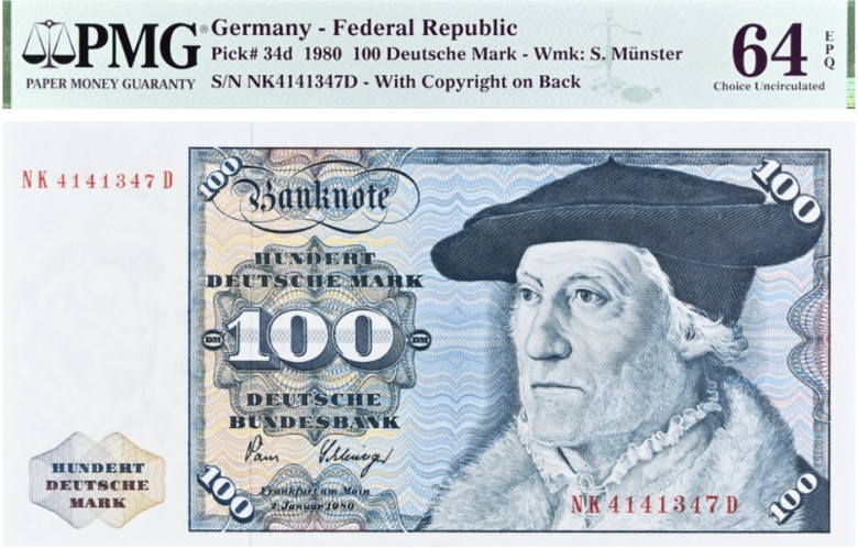 ГЕРМАНИЯ 100 МАРОК (ФРГ) (PMG - GRADE 64) мини 1