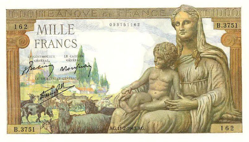 ФРАНЦИЯ 1000 ФРАНКОВ (БОГИНЯ ДЕМЕТРА) - ПРОКОЛ