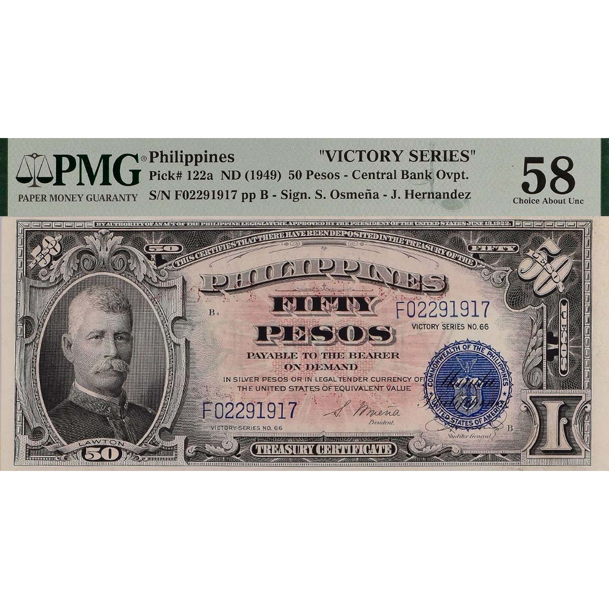 ФИЛИППИНЫ 50 ПЕСО "VICTORY SERIES" (PMG - GRADE 58) мини 1