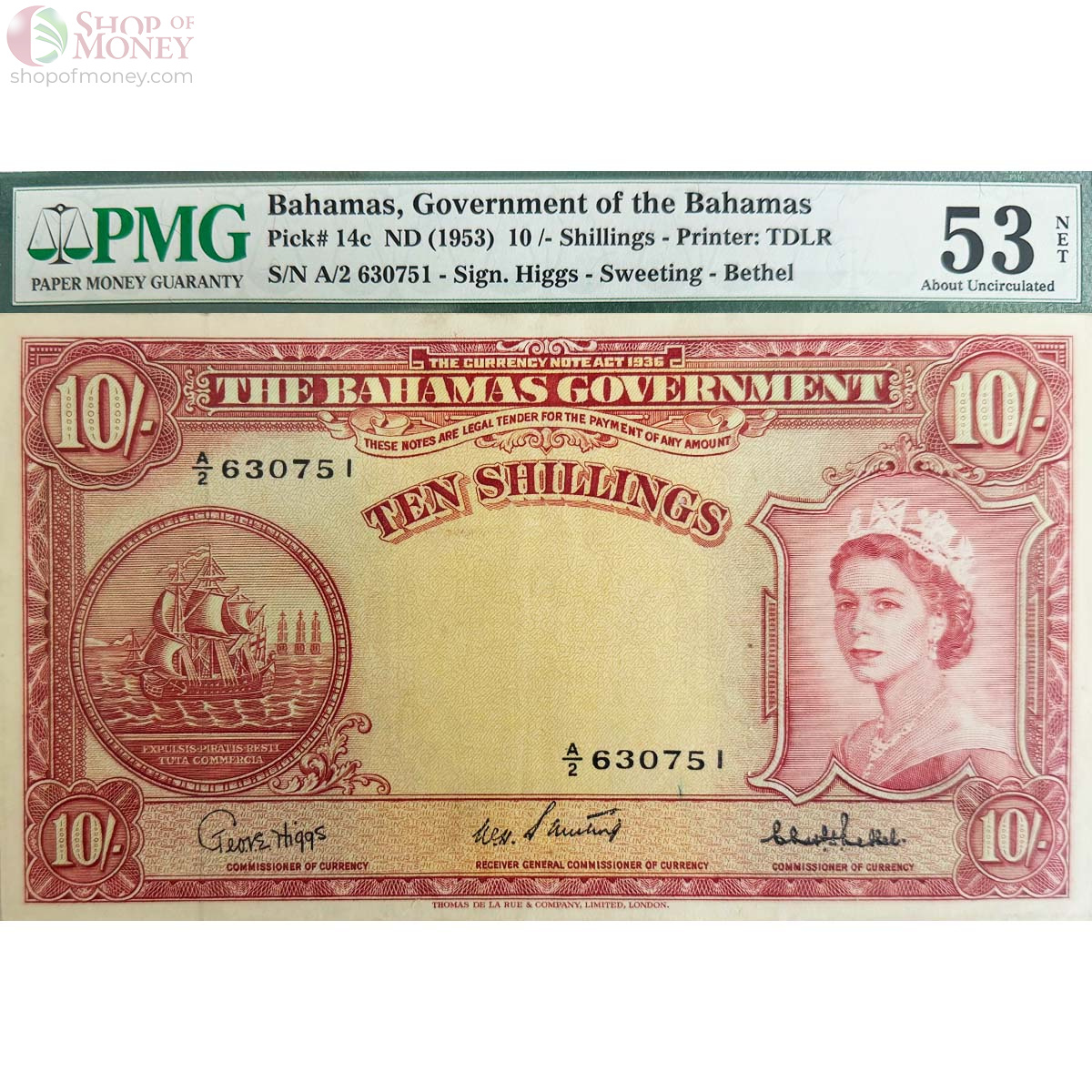 БАГАМСКИЕ ОСТРОВА 10 ШИЛЛИНГА (PMG - GRADE 53) 1