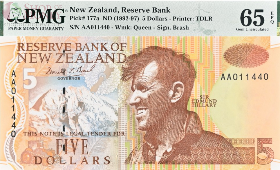 НОВАЯ ЗЕЛАНДИЯ 5 ДОЛЛАРОВ (PMG-GRADE 65) 1