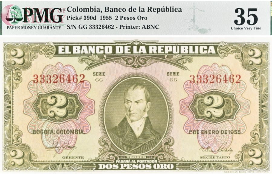 КОЛУМБИЯ 2 ПЕСО (PMG - GRADE 35) 1