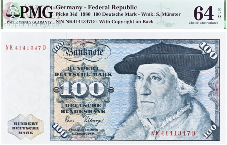 ГЕРМАНИЯ 100 МАРОК (ФРГ) (PMG - GRADE 64) 1