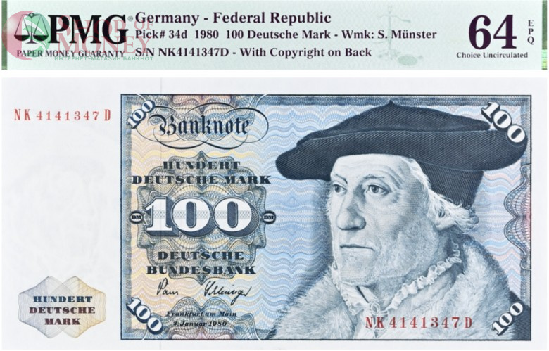 ГЕРМАНИЯ 100 МАРОК (ФРГ) (PMG - GRADE 64) 1