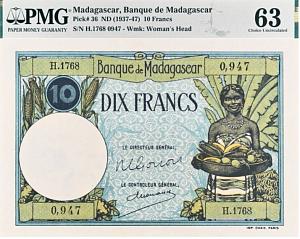 МАДАГАСКАР 10 ФРАНКОВ (PMG - GRADE 63) 1