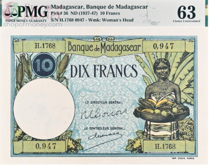 МАДАГАСКАР 10 ФРАНКОВ (PMG -GRADE 63) 1